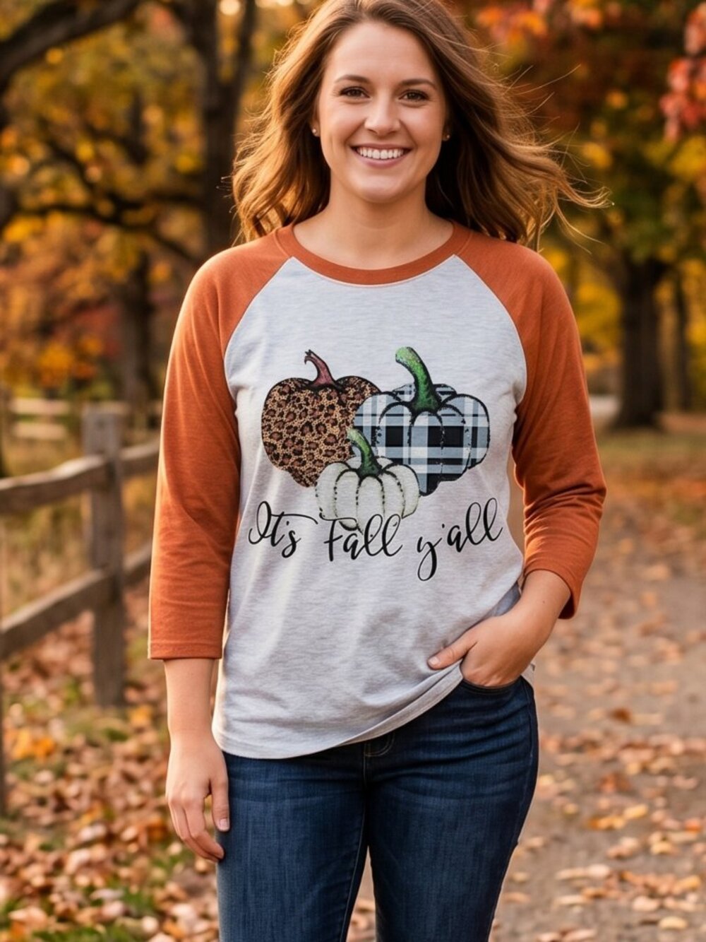 NWT | "It's Fall Y'all" Pumpkin Trio Leopard Plaid Graphic Raglan Top | Medium
